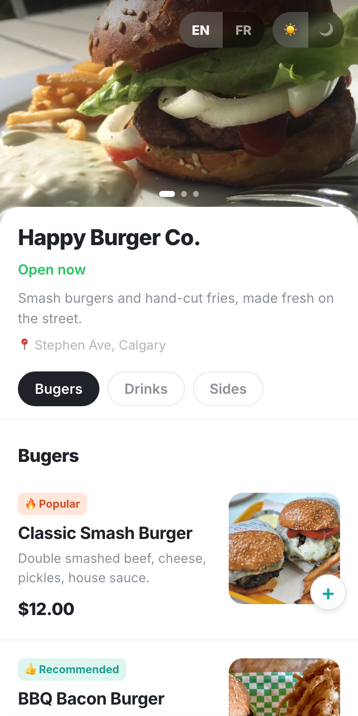 Customer menu screen